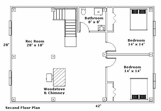 2nd Floor Plan of 28x42 Timber Framed Home