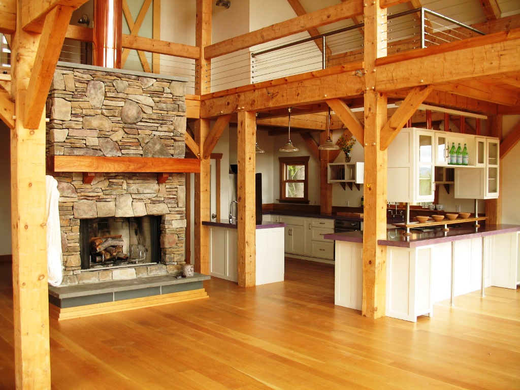Interior of Timber Framed Gambrel House with Hand Hewn Beams