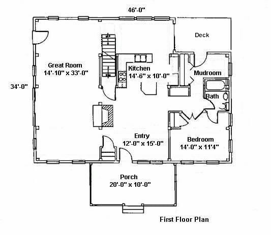 First Floor Plan for 34x46 Saltbox Timber Frame Home