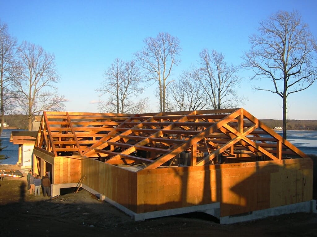 48' Heavy Timber Truss Over Indoor Pool with Steel Tie Rod and Traditional Joinery 