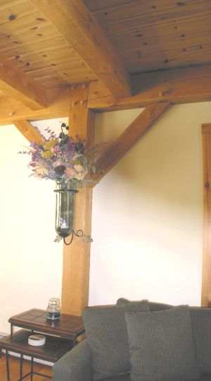 Timber Frame Living Room Detail Straight Wood Braces and Floor Decking