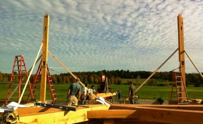 The Vermont Timber Works Framers Preparing to Raise Eberhart Barn