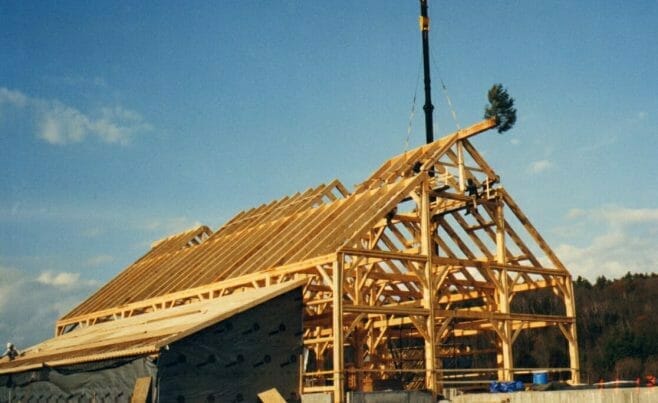 Setting the Last Timber Seciton of the Post & Beam Welcome Center