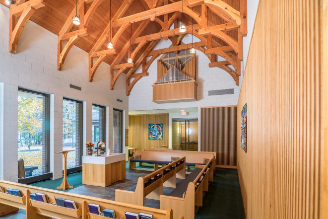 Interior of Westminster Presbyterian Church with Hammer Trusses