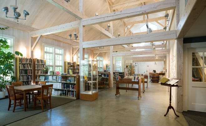 Interior of the Cornwall Library with white washed Hemlock beams