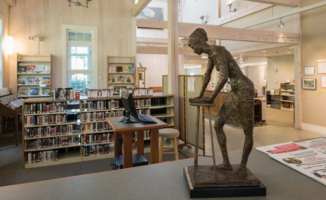 Interior of the Cornwall Library with white washed Hemlock beams