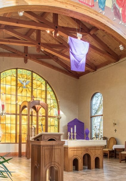 The altar with Timber Trusses in the Chapel For Holy Apostles