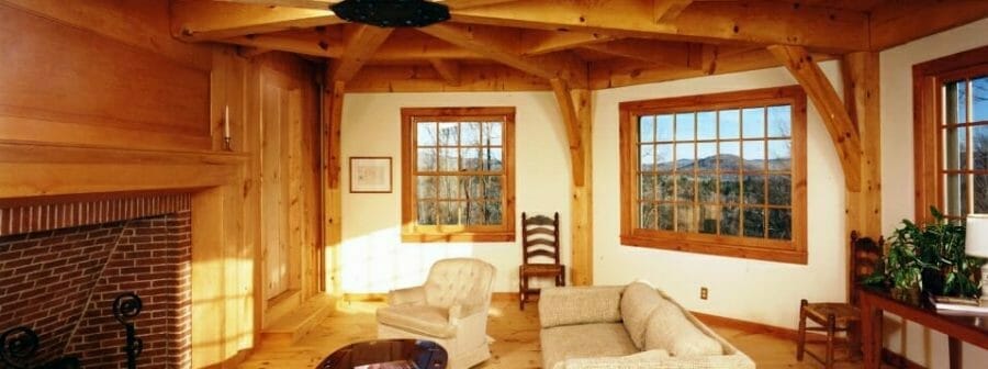 Interior of Octagon Shaped Living Room with Red Pine Ceiling Beams