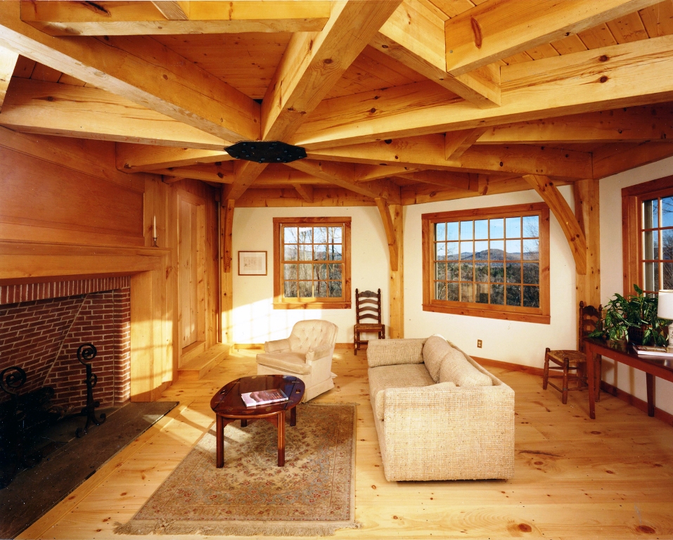 Interior of Octagon Shaped Living Room with Red Pine Ceiling Beams