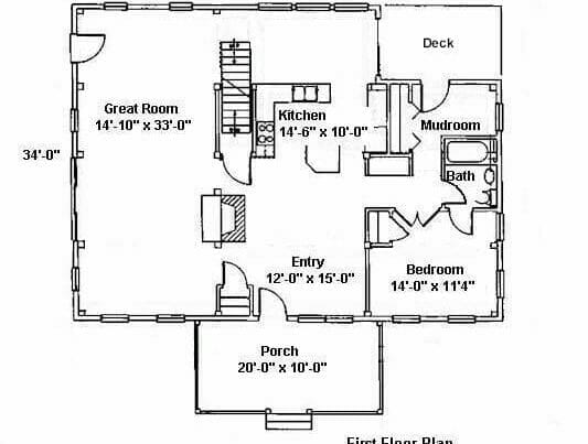 First Floor Plan for a Saltbox Post & Beam House