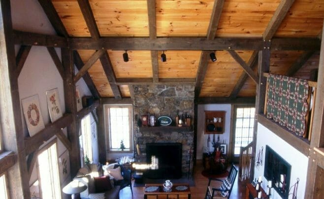 Residential Exposed Beams and Stone Fireplace