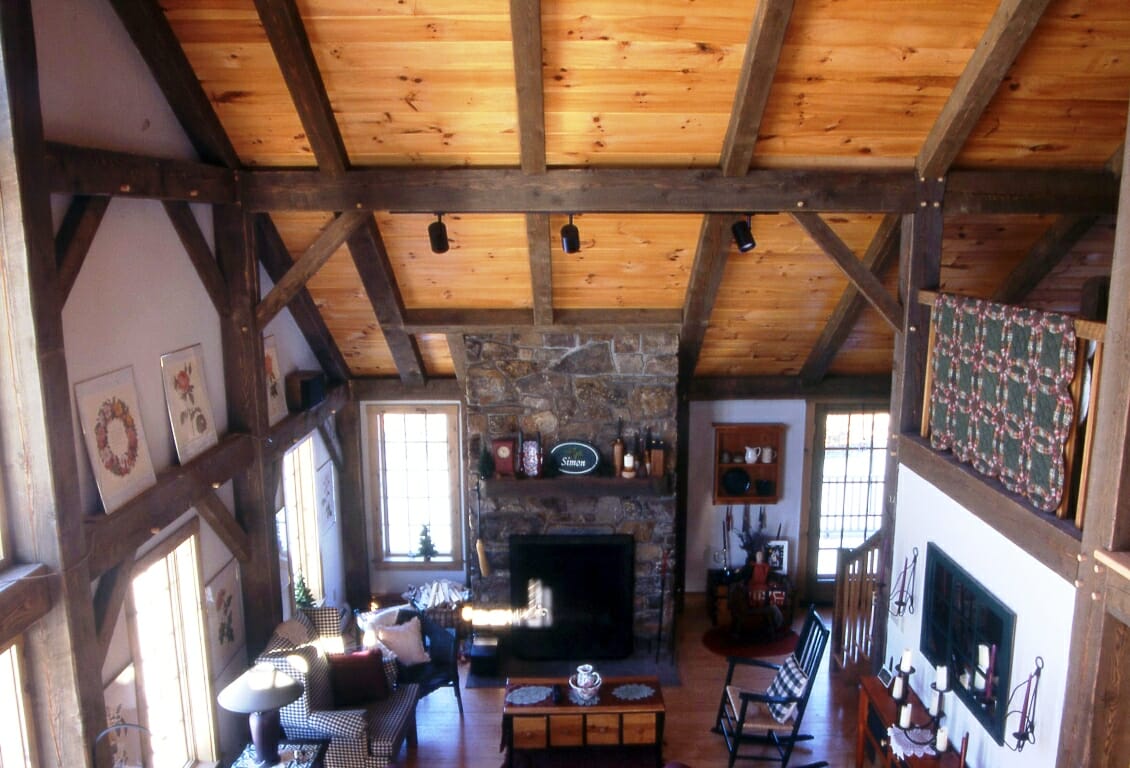 Residential Exposed Beams and Stone Fireplace