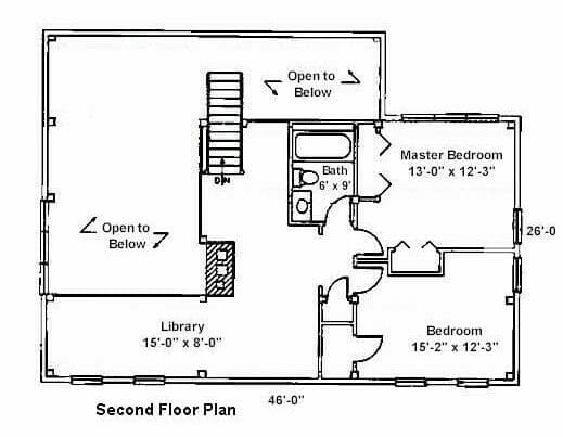 Second Floor Plan for Saltbox with Loft and Central Stair