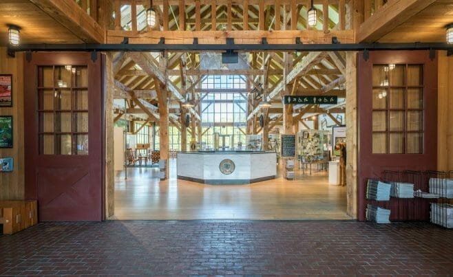 Timber Frame Hand Hewn White Pine Timber Frame at the Southern Vermont Visitors Center