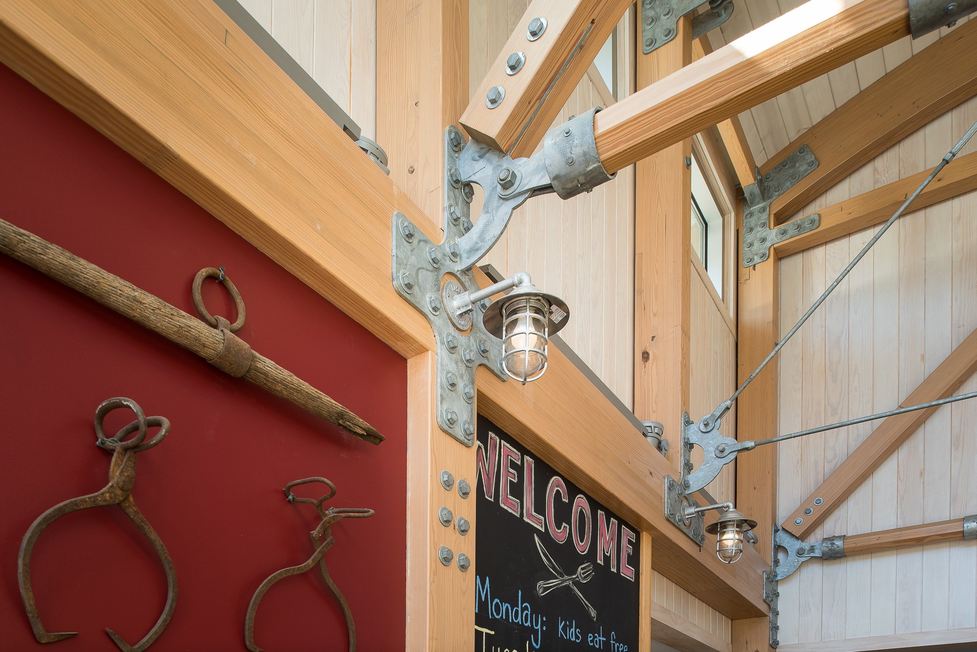 Interior of the 57 State Street Restaurant with Steel Gusset plates and Glulam Beams