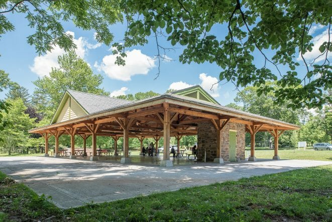 Park Picnic Pavilion with Timber Trusses and Steel at Cadwalader Park in NJ