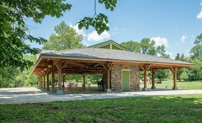 Park Picnic Pavilion with Timber Trusses and Steel at Cadwalader Park in NJ