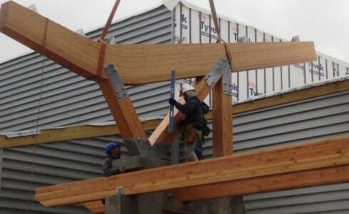 Assembly of the Glu Laminated Boomerang Beam for Timber Canopy at Nemacolin Ski Lodge
