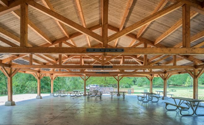 Park Picnic Pavilion with Timber Trusses and Steel at Cadwalader Park in NJ