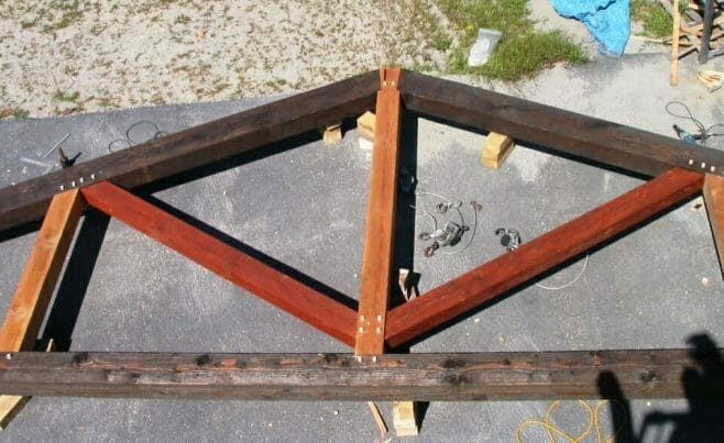 Assembled King Post Truss with Multi-Colored Stained Beams