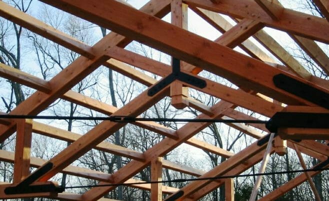 Heavy Timber Modified Scissor Roof Truss with Steel Tie Rod