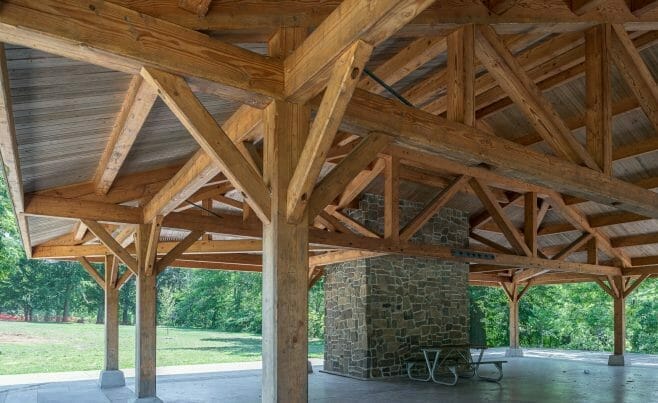 Park Picnic Pavilion with Timber Trusses and Steel at Cadwalader Park in NJ