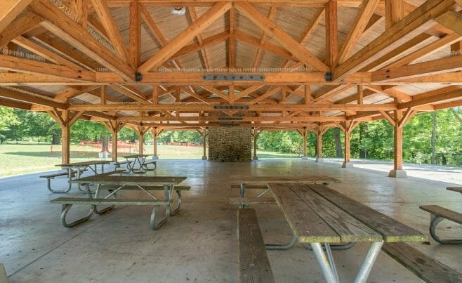 Park Picnic Pavilion with Timber Trusses and Steel at Cadwalader Park in NJ