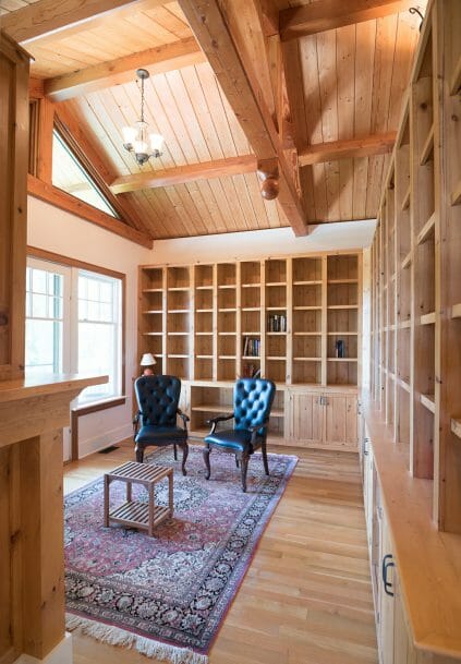 Timber Framed Study Office with Trusses and decorative finials inside the Wakenah Lake House