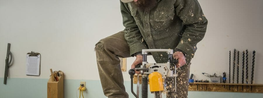 Timber Frame Fabrication Mortiser in work shop