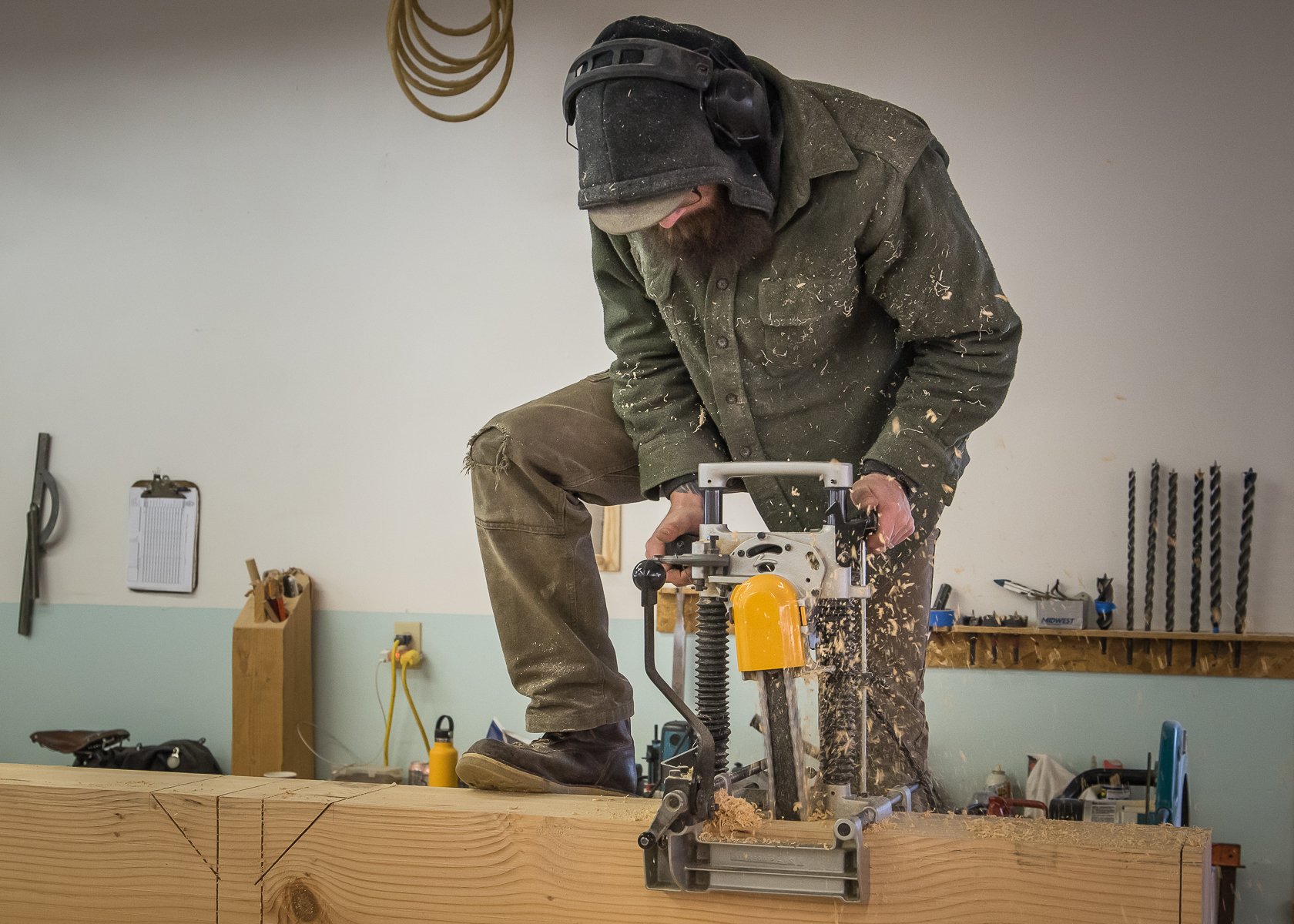 Timber Frame Fabrication Mortiser in work shop