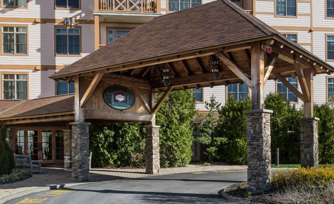 Timber Frame Porte Cochere Entry Way at Founders Lodge in VT