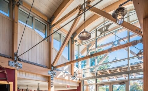 Interior of the 57 State Street Restaurant with Steel Gusset plates and Glulam Beams