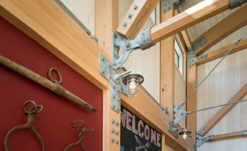 Interior of the 57 State Street Restaurant with Steel Gusset plates and Glulam Beams