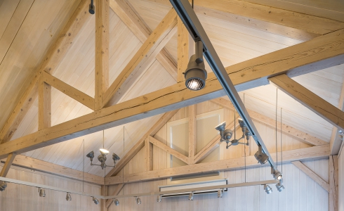 Interior of the Cornwall Library with white washed Hemlock beams