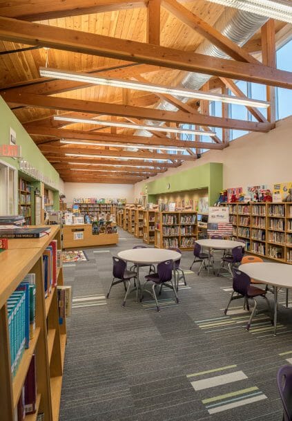 Interior of the Library with Timber Trusses in the Rippowam Cisqua School in NY.