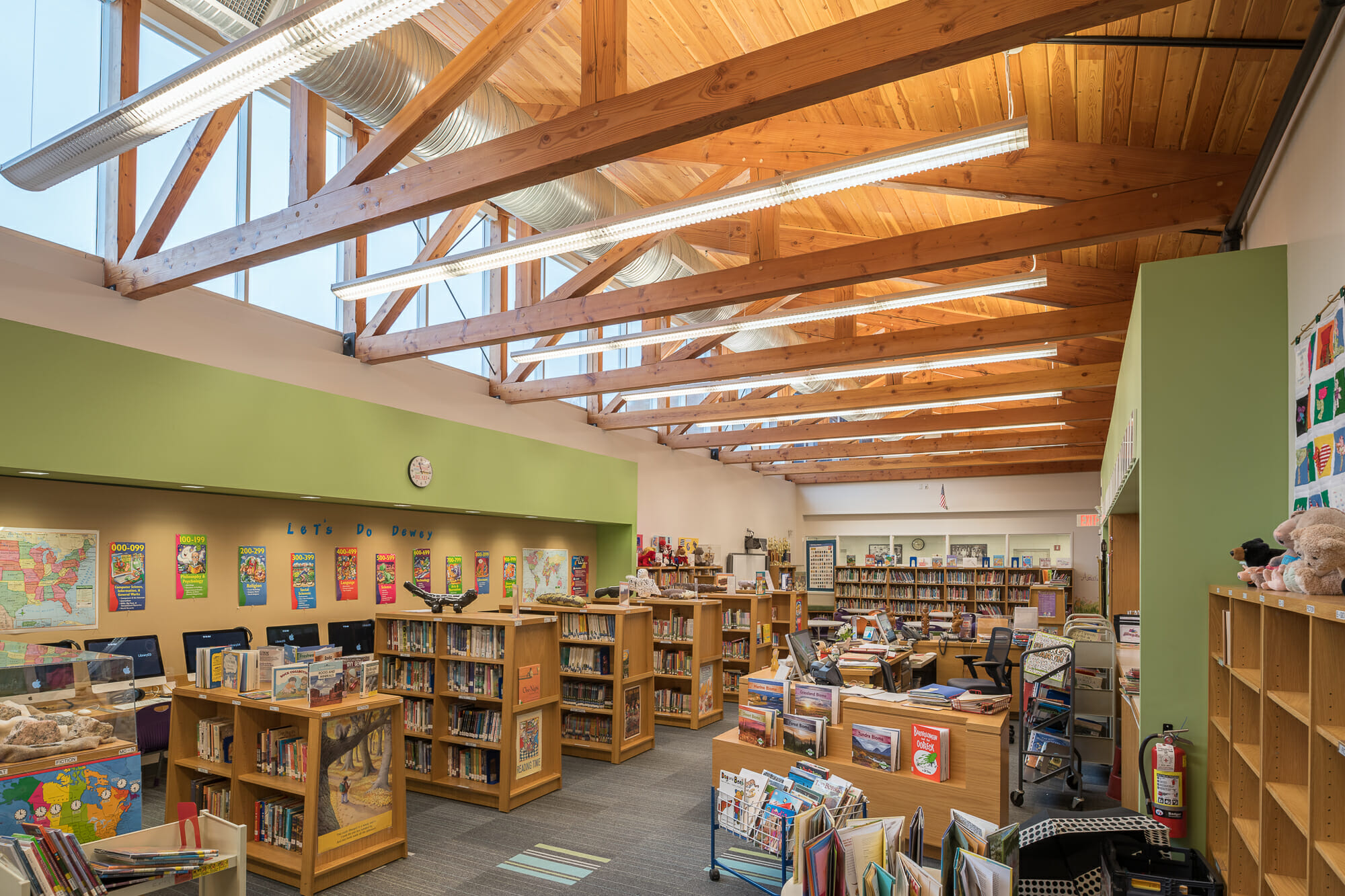 Interior of the Library with Timber Trusses in the Rippowam Cisqua School in NY.