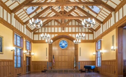 Interior of the Hackley School with Modified King Post trusses for an assembly room