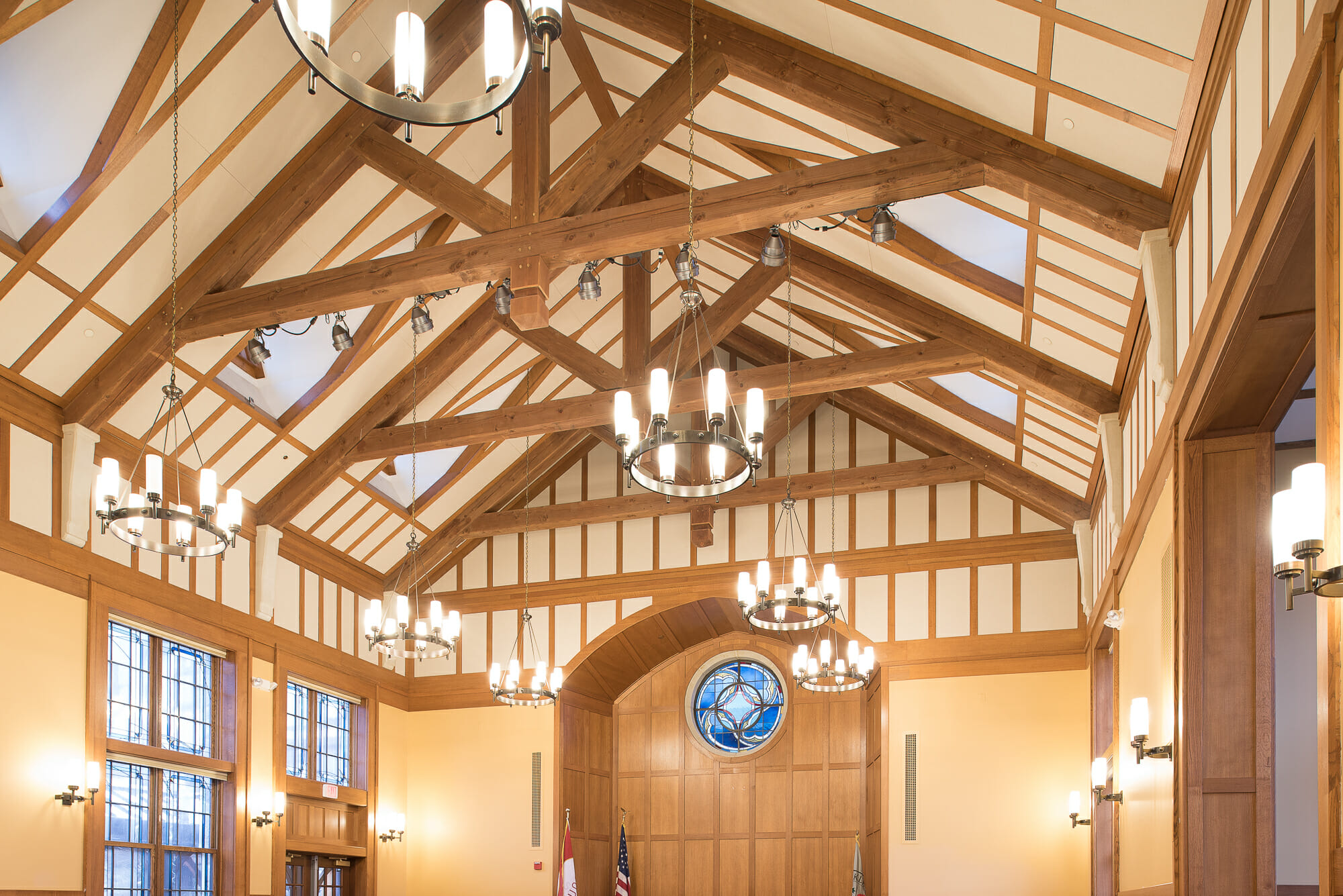 Interior of the Hackley School with Modified King Post trusses for an assembly room
