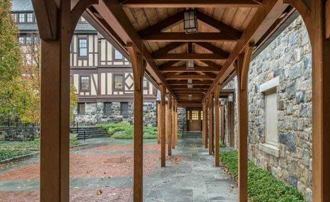 Exterior of the Hackley school with a Cedar Covered Walkway