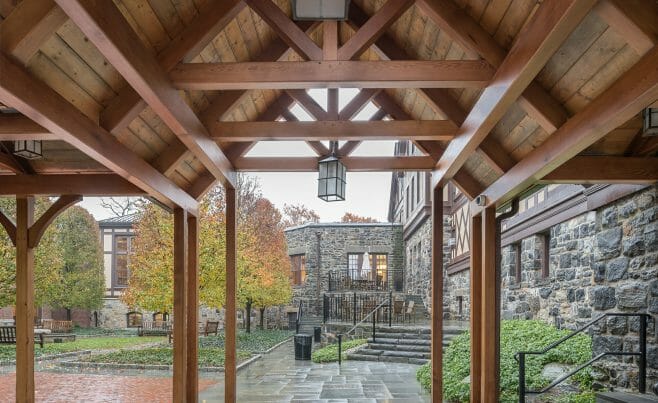 Exterior of the Hackley school with a Cedar Covered Walkway