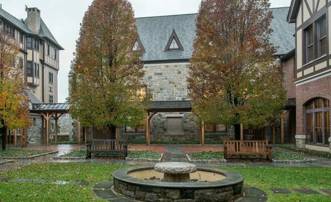 Exterior of the Hackley school with a Cedar Covered Walkway