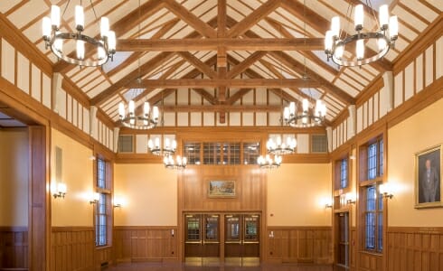 Interior of the Hackley School with Modified King Post trusses for an assembly room