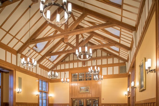 Interior of the Hackley School with Modified King Post trusses for an assembly room