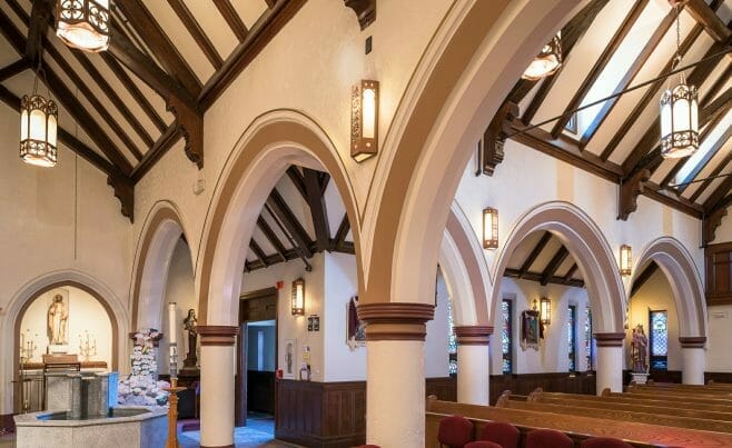 St. Catherine's Parish church in MA with Scissor trusses with steel tie rods