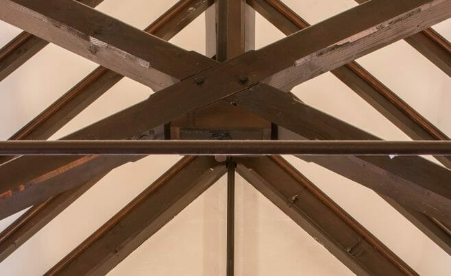 St. Catherine's Parish church in MA with Scissor trusses with steel tie rods