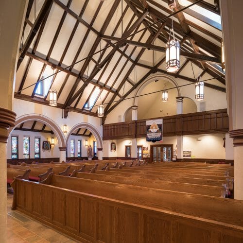 St. Catherine's Parish church in MA with Scissor trusses with steel tie rods