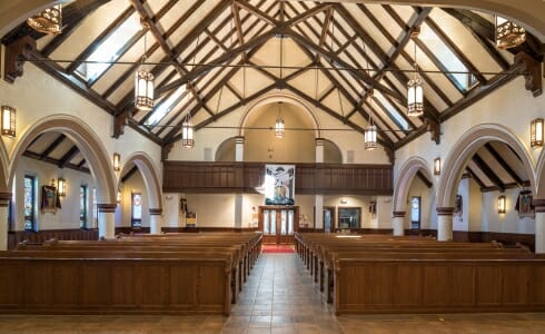 St. Catherine's Parish church in MA with Scissor trusses with steel tie rods