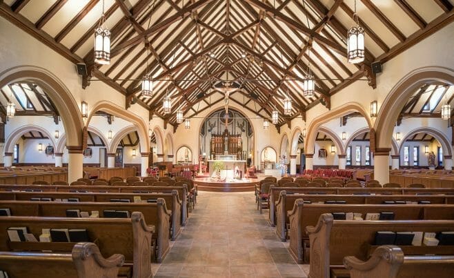 St. Catherine's Parish church in MA with Scissor trusses with steel tie rods