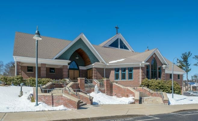 Exteior of Immaculate Conception church in Nashua, NH