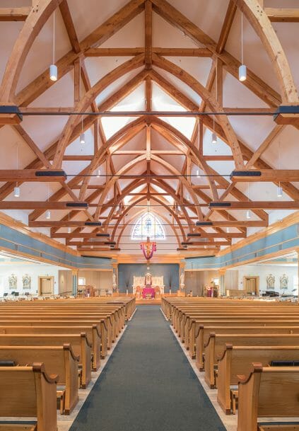 Interior of Immaculate Conception Church with Timber Trusses and Steel tie rods